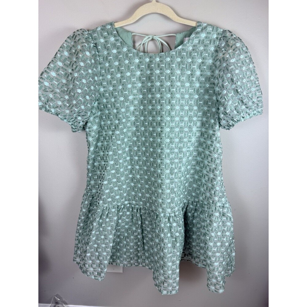 TALULAH Dress Boho Tie Back Preppy Babydoll Green Mini Puff Sleeve Large Texture